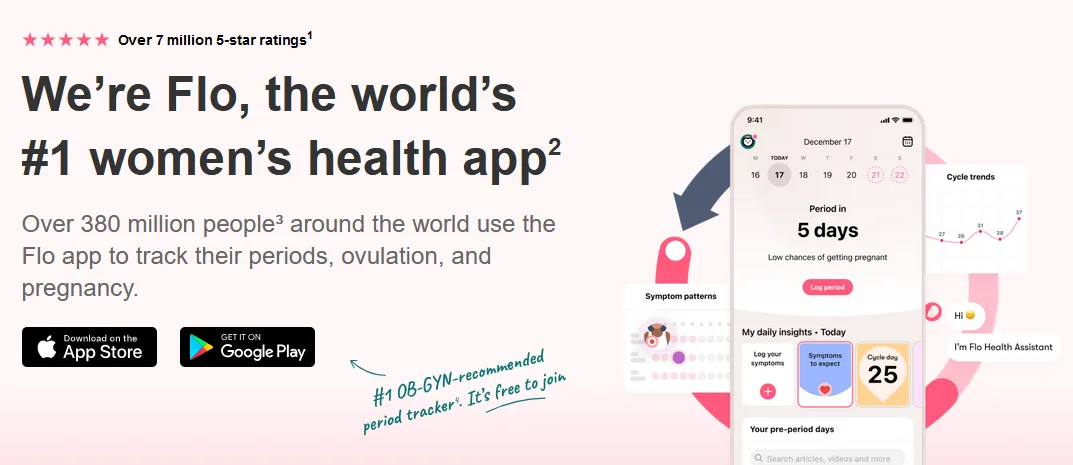 An advertisement for the Flo app, a women's health tracking application, featuring a smartphone displaying its interface…