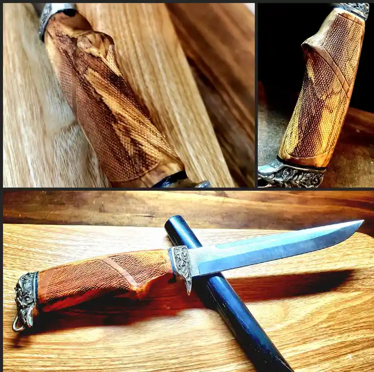 A collage of three images showcasing a custom-made knife with a detailed wooden handle featuring a diamond-patterned texture…