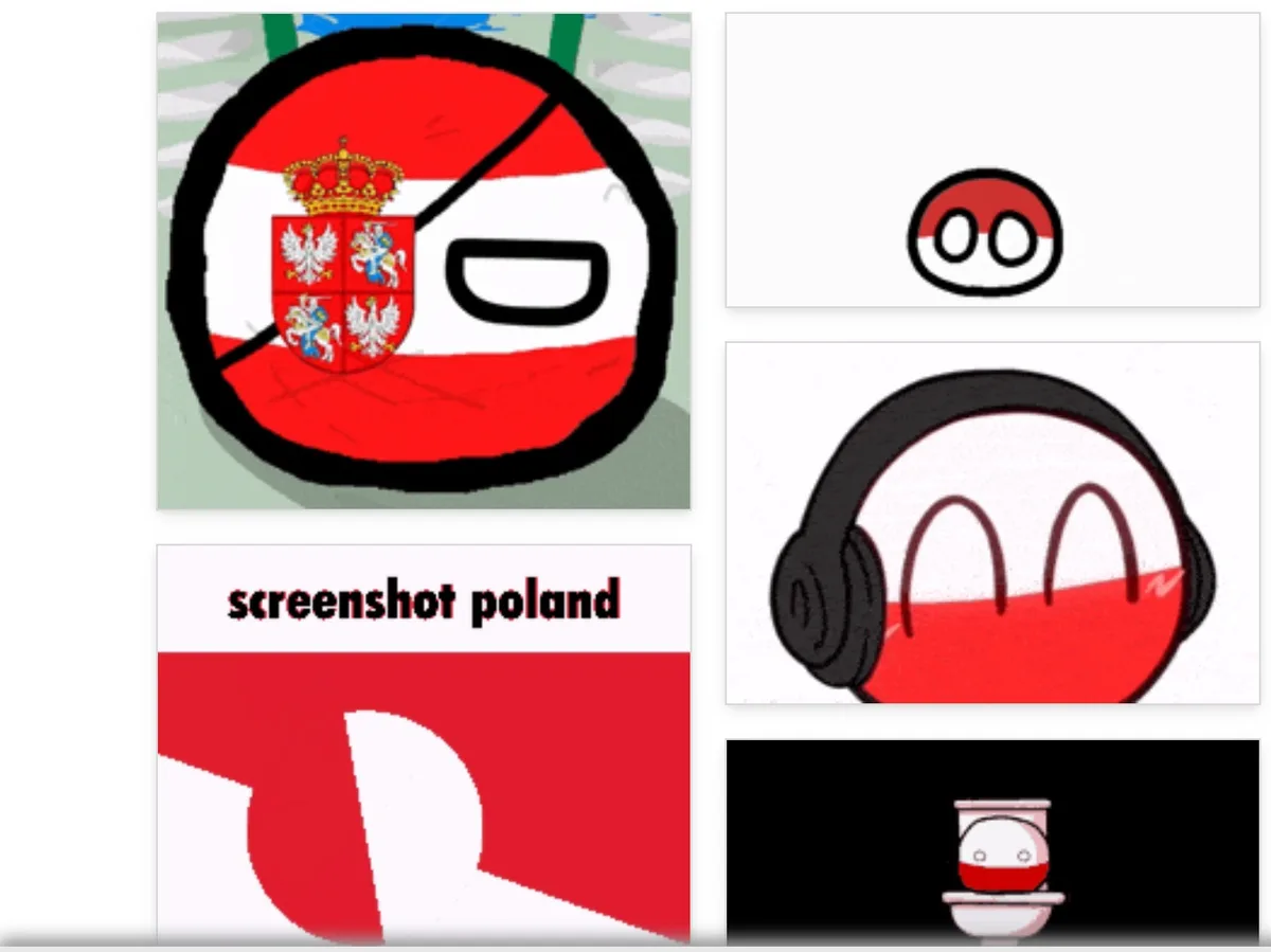 A collage of five images featuring Polandball, a cartoon character representing Poland with a red and white striped body and…