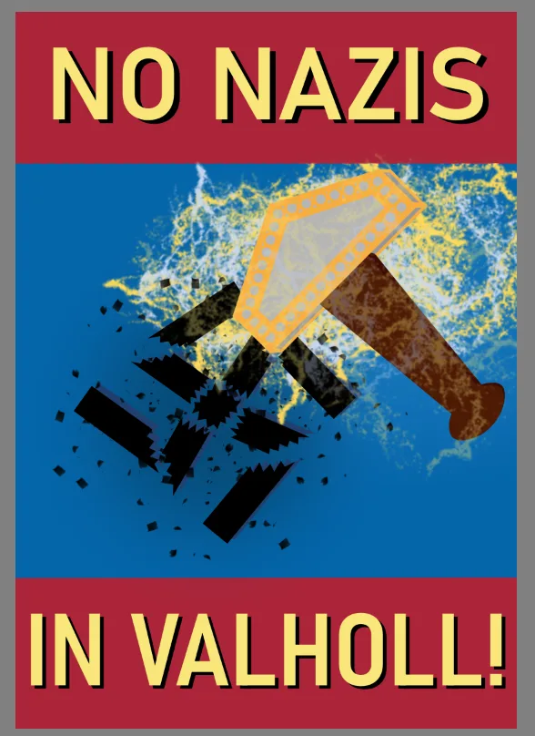 A propaganda-style poster with a red top and bottom border, featuring bold yellow text reading 'NO NAZIS' at the top and 'IN…