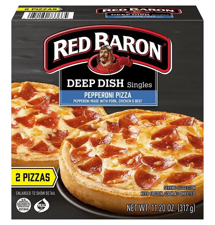A Red Baron frozen pizza box shows two deep dish pepperoni pizzas with melted cheese and pepperoni slices. The brand logo…