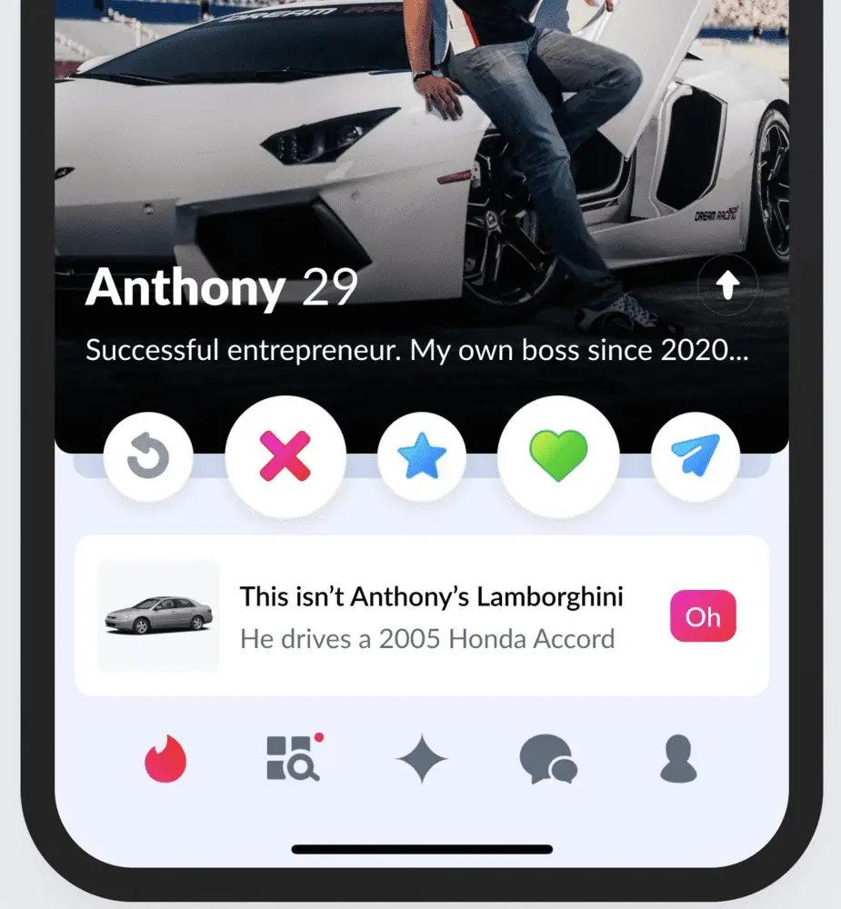 A screenshot of a dating app profile for 'Anthony 29', who claims to be a 'Successful entrepreneur. My own boss since…