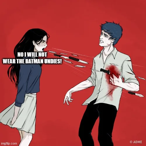 An anime-style illustration shows a woman yelling at a man while throwing knives at him. The woman has long black hair and…