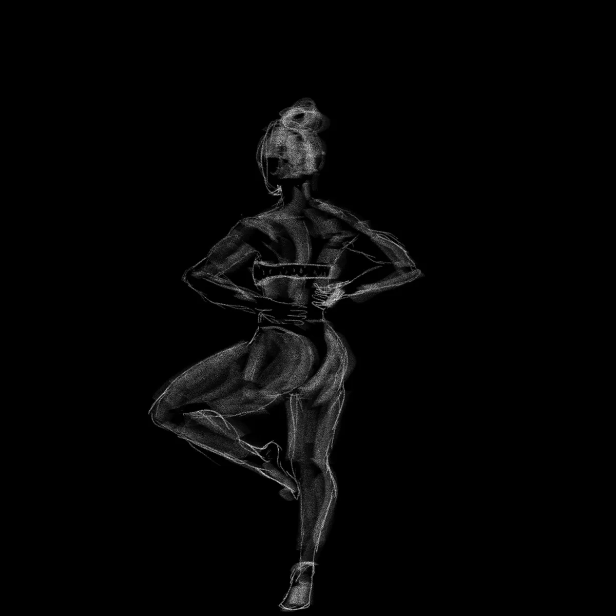 A grainy, black-and-white image shows a stylized, skeletal figure in a provocative pose against a black background, wearing…