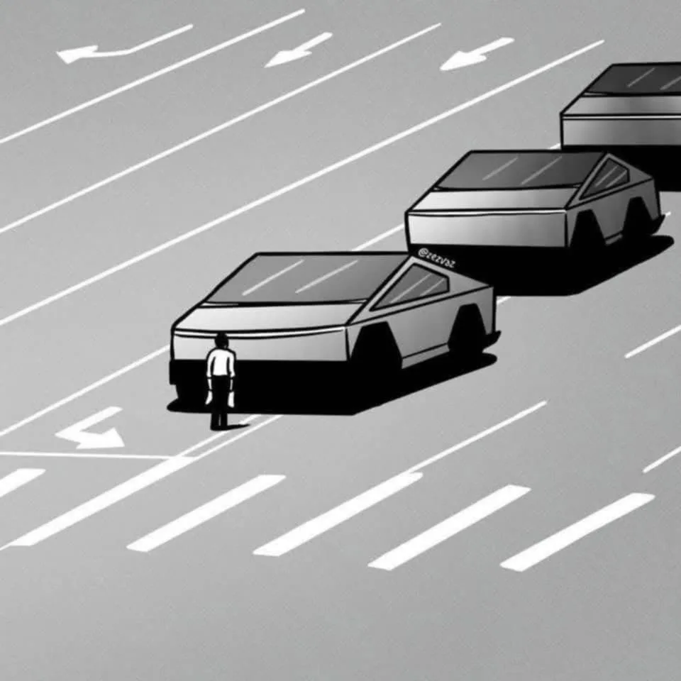 A black-and-white illustration shows a person standing in the middle of a multi-lane road, facing a line of three…