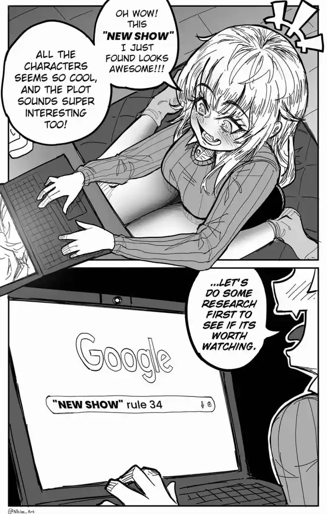 A two-panel black-and-white manga-style comic. In the top panel, an excited anime girl with short hair leans over a laptop…