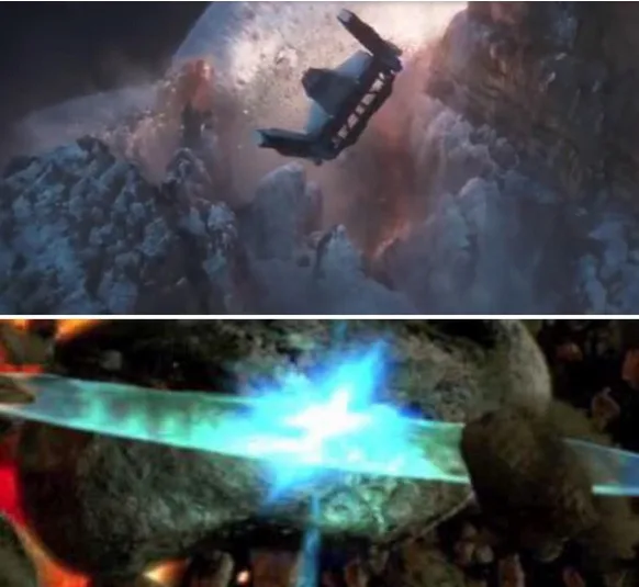The image is a two-panel meme. The top panel shows a spaceship falling through a rocky, mountainous landscape, appearing to…