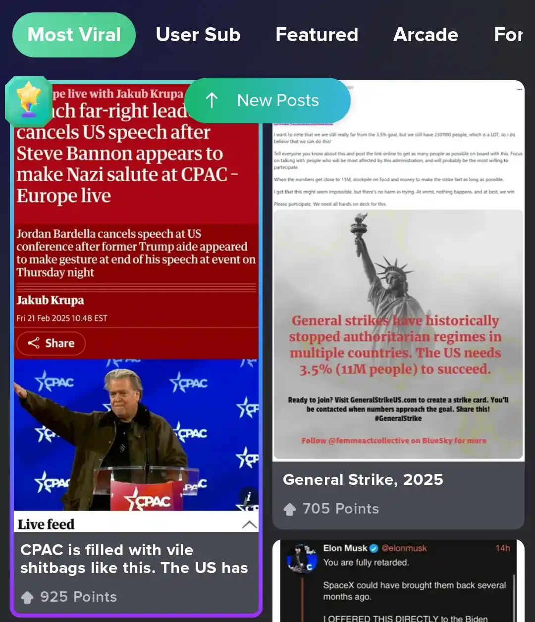 A screenshot of a social media feed shows a news article about Steve Bannon making a Nazi salute at CPAC, a post about a…