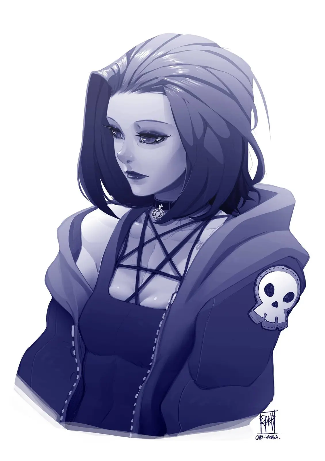 An anime-style illustration of a woman with short, dark hair, wearing a dark hoodie with a skull patch on the sleeve, a…