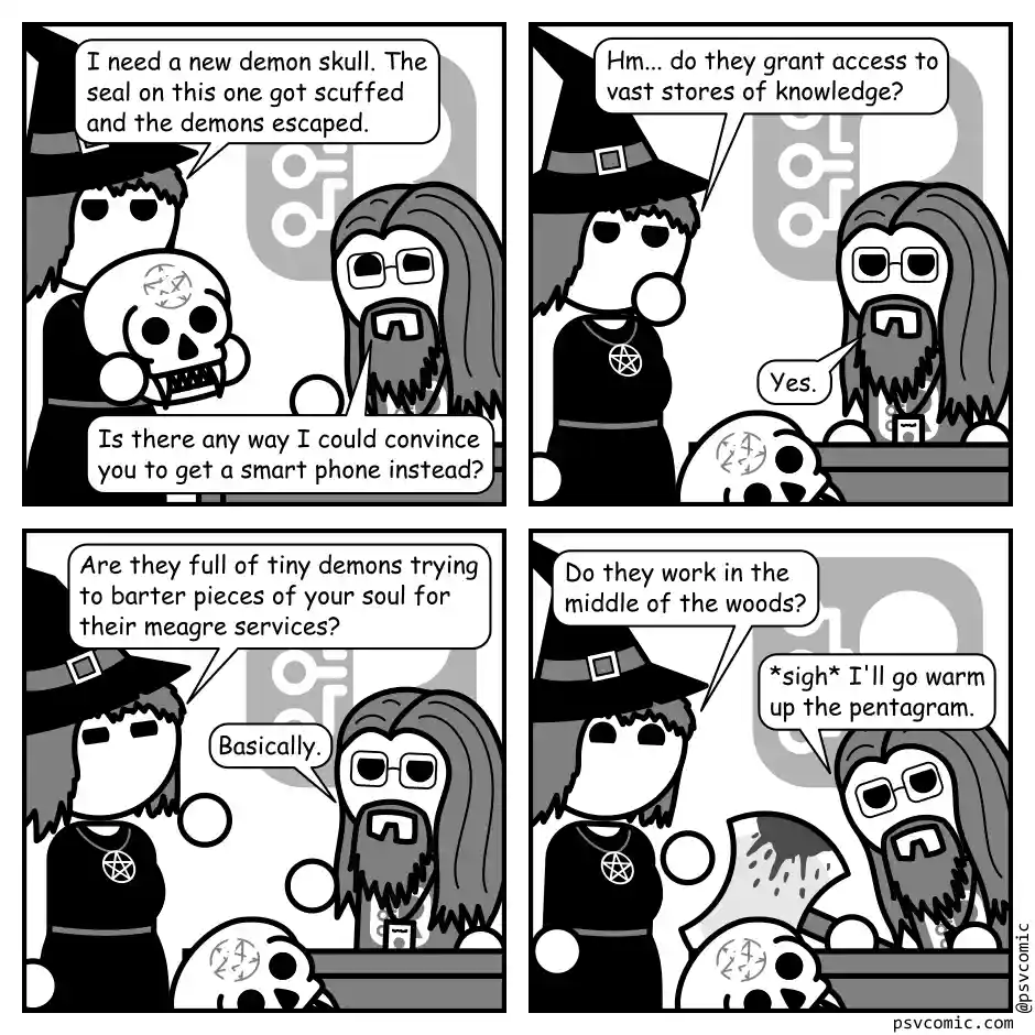 A four-panel black-and-white comic strip featuring two cartoon witches in a shop. One witch holds a damaged demon skull and…