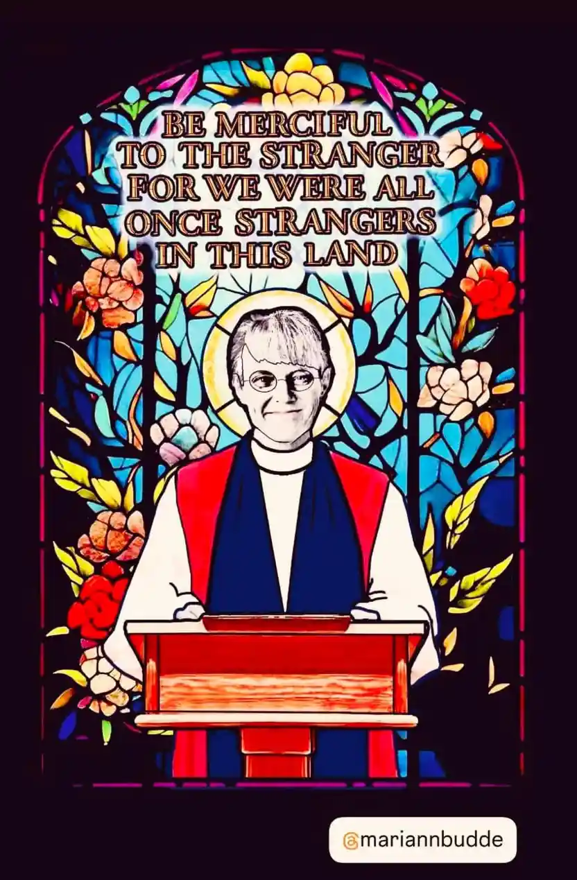 A digitally created stained glass window image features a smiling woman with glasses, wearing clerical attire including a…