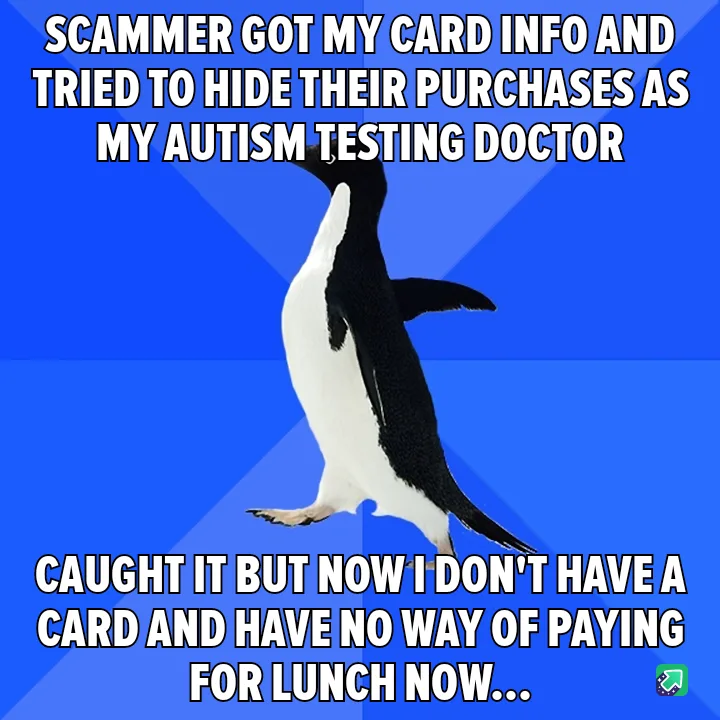 A penguin stands upright against a blue background with white text overlaid in two sections. The top text reads 'SCAMMER GOT…