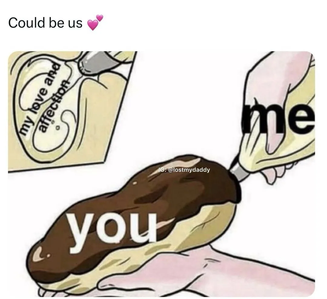A cartoon image shows a hand labeled 'me' using a piping bag to apply chocolate frosting onto a pastry labeled 'you'. In the…
