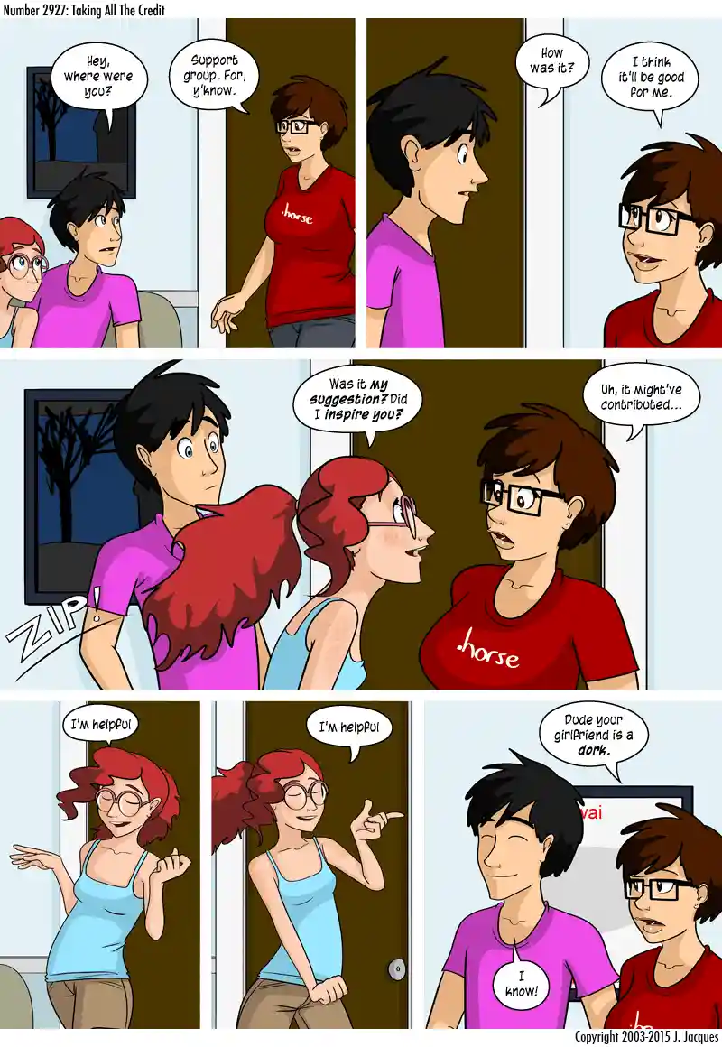 A six-panel comic strip shows a man asking his girlfriend where she was, and she says she went to a support group. He asks…