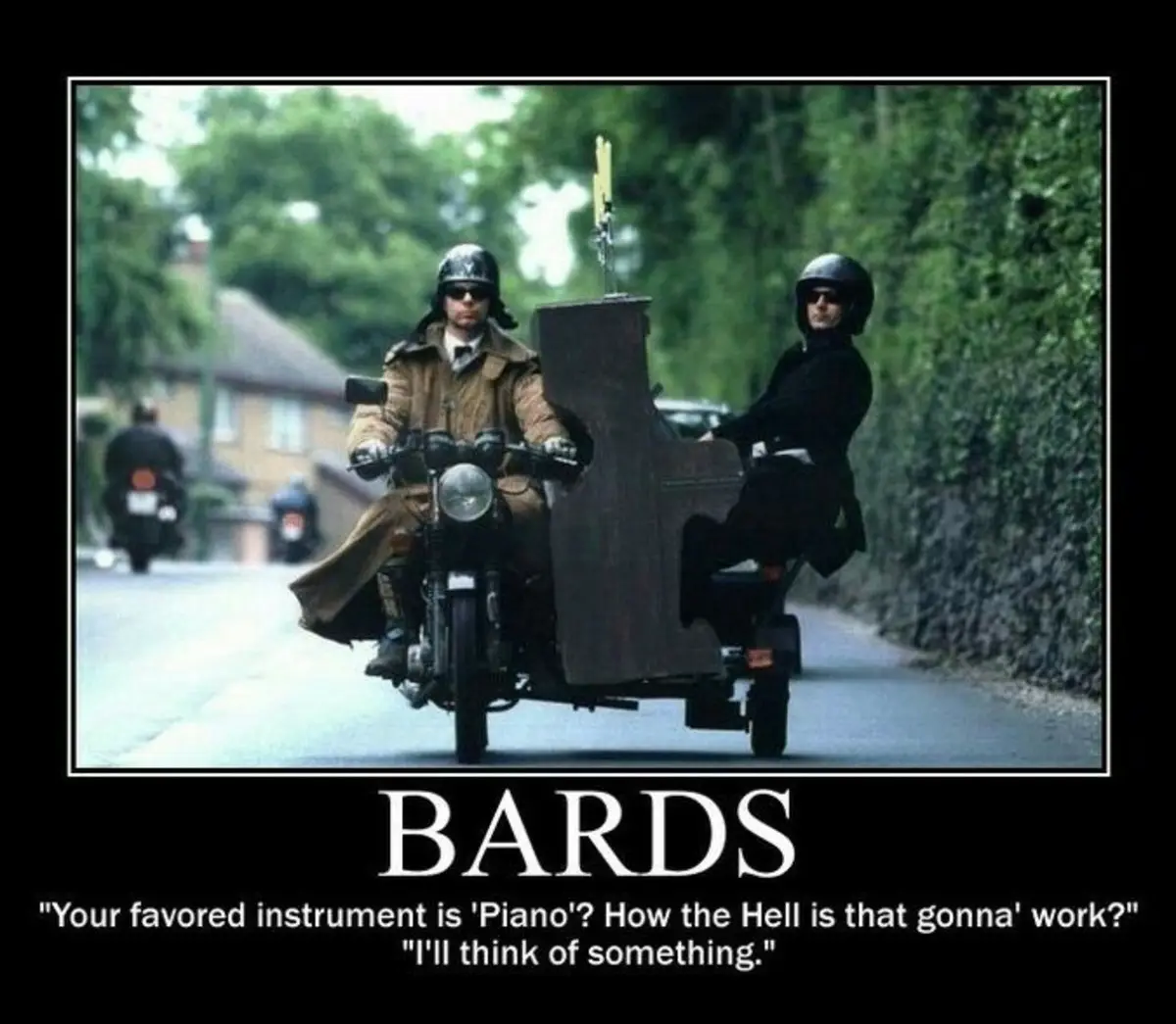 Two men in helmets ride a motorcycle with a large, upright piano strapped to the sidecar. The image has a black border and…