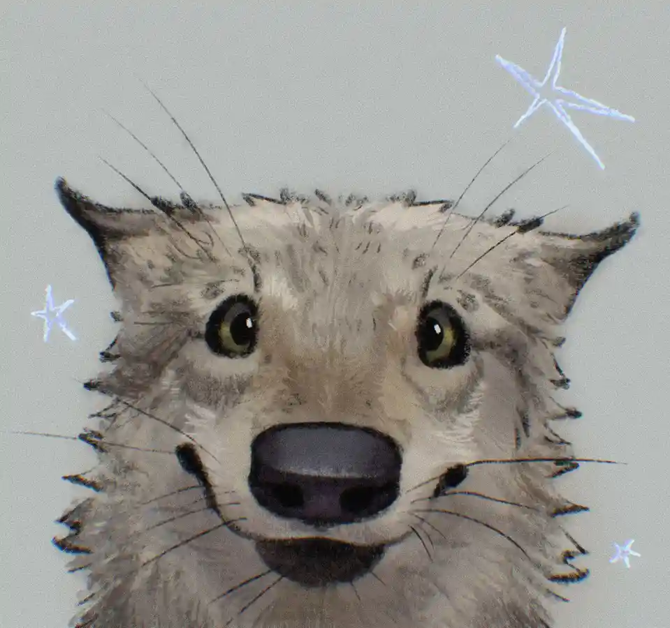 A close-up digital illustration of a wolf's face with large, expressive eyes and a slightly scruffy coat, set against a…