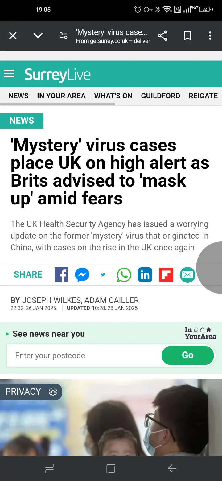 A screenshot of a SurreyLive news article from January 2025 with the headline 'Mystery' virus cases place UK on high alert…