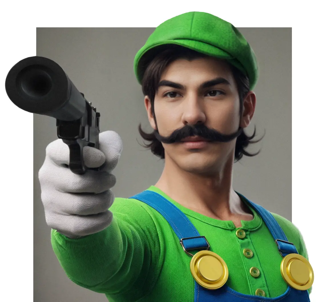 a man dressed as luigi from super mario, wearing a green hat, green shirt, blue overalls with gold buttons, and a fake…