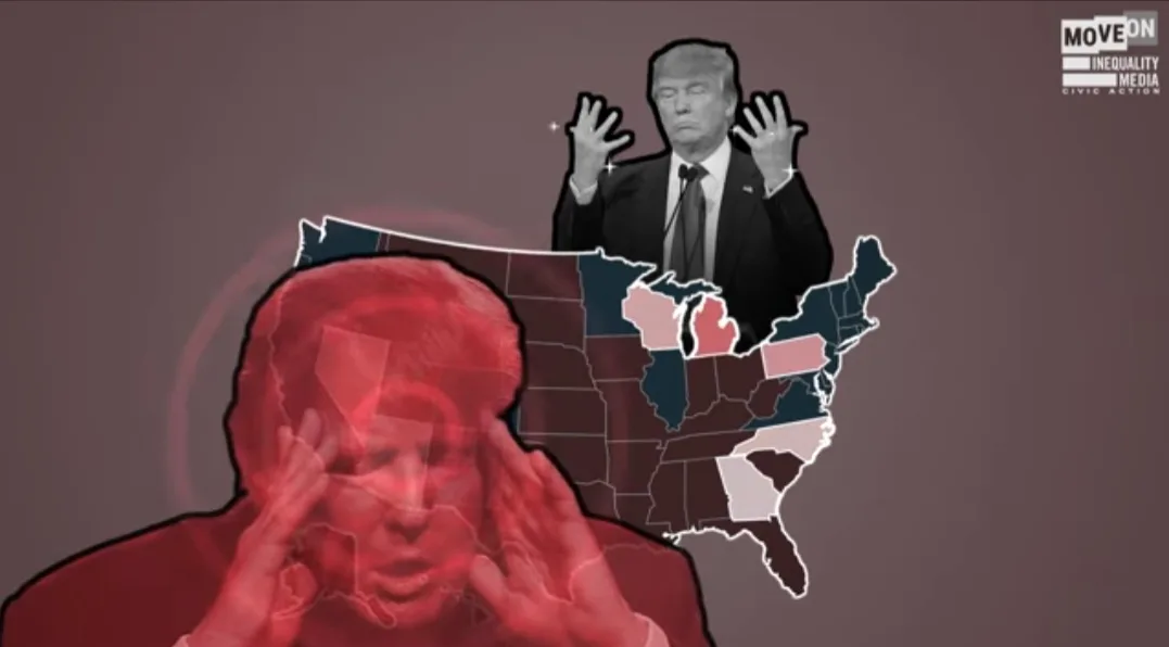 A composite image shows Donald Trump in black and white with hands raised above a U.S. map colored in red, blue, and pink…
