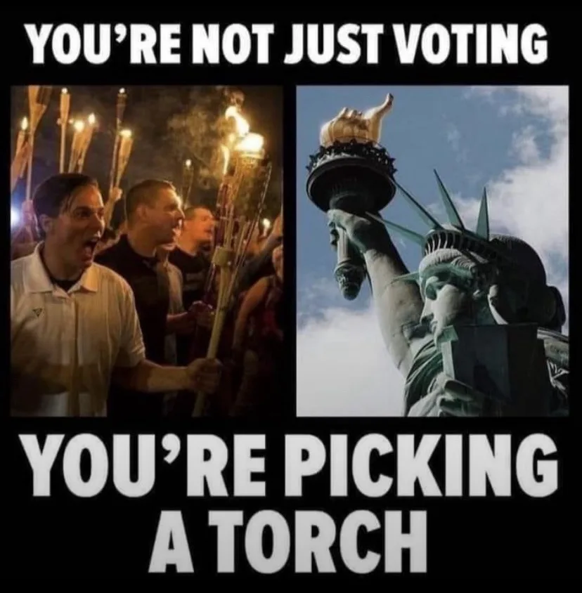The image is split into two panels. The left panel shows a group of people at night, holding lit torches and shouting with…