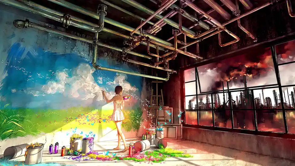 A young woman in a white dress paints a vibrant, idyllic scene of blue sky, clouds, and green grass on a grimy industrial…