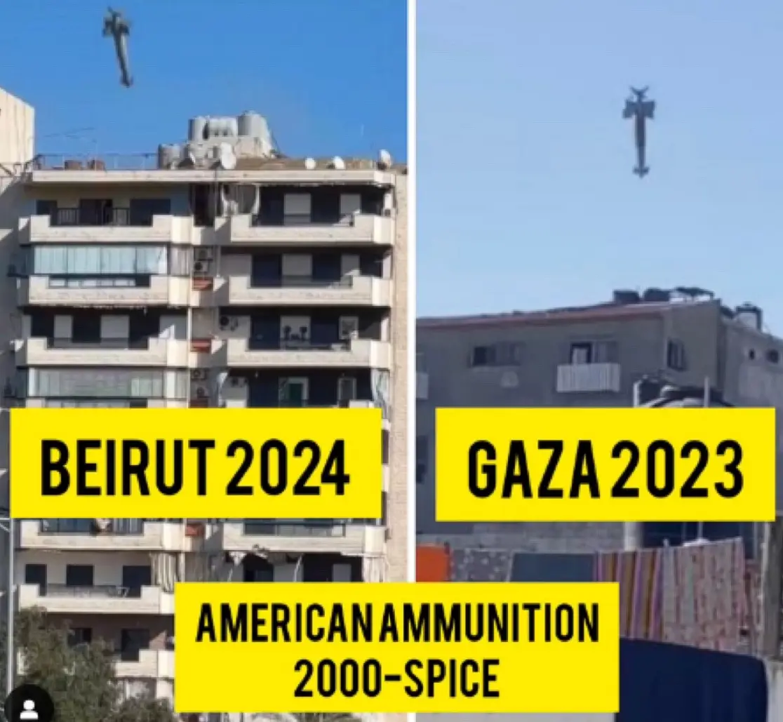 The image is split into two panels. The left panel shows a building in Beirut with a helicopter flying overhead, labeled…
