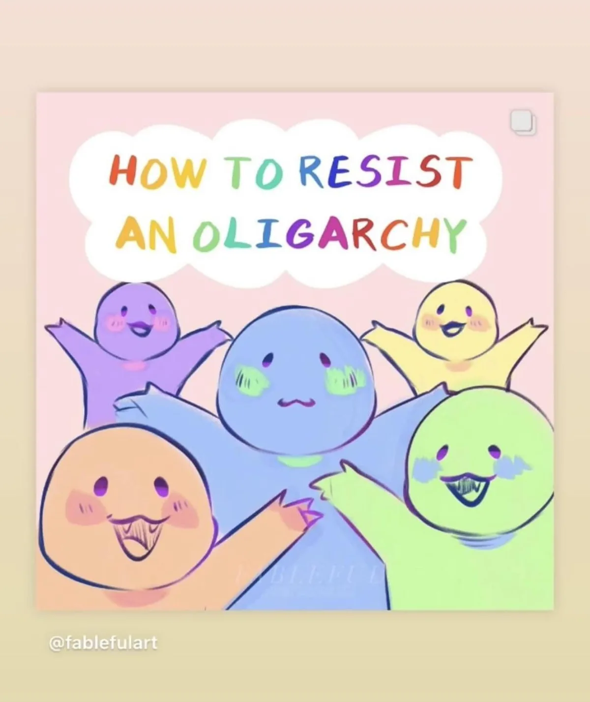 A cartoon image shows five colorful, smiling, round-bodied characters with arms raised in a cheerful, celebratory pose…