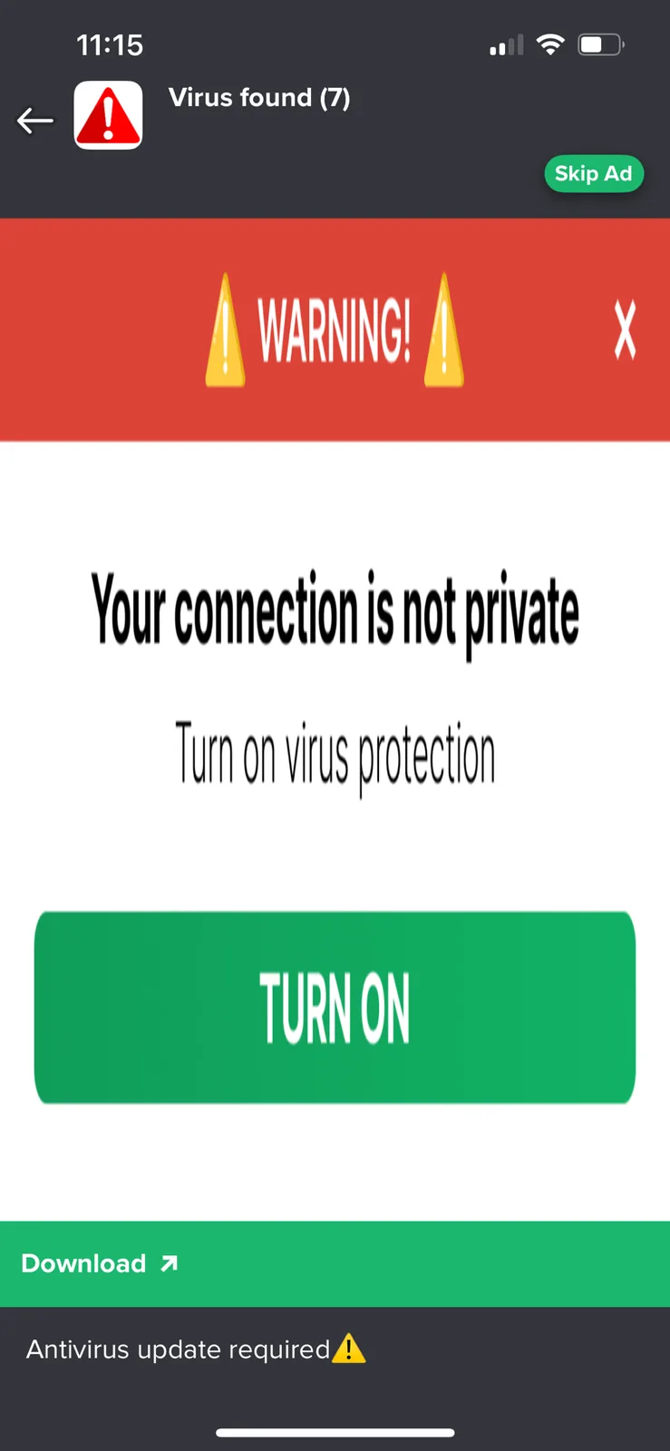A smartphone screen shows a fake antivirus ad claiming 'Virus found (7)' and 'Your connection is not private'. It urges the…