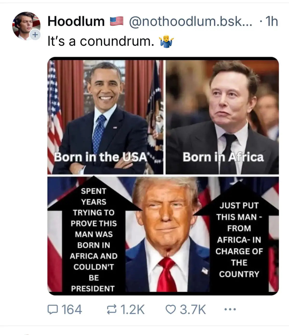The image is a three-panel meme featuring Barack Obama, Elon Musk, and Donald Trump. Obama is labeled 'Born in the USA' and…