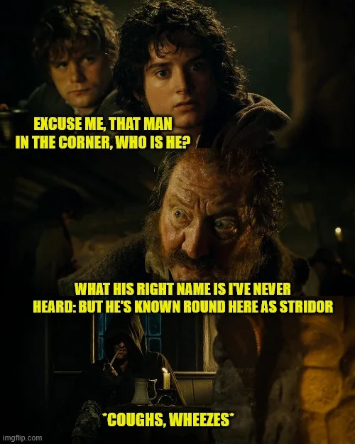 The image is a two-panel meme from 'The Lord of the Rings' featuring Frodo Baggins asking about a mysterious man in the…