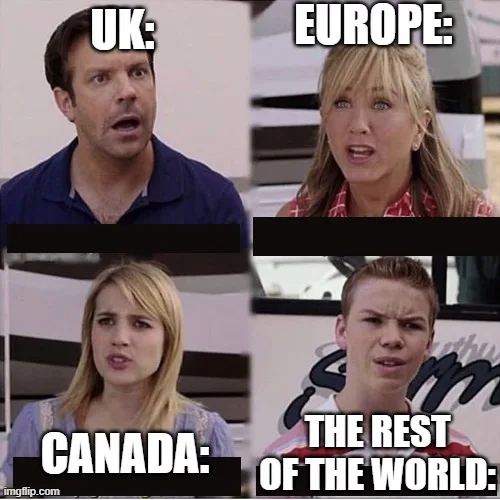 A four-panel meme using characters from 'The Office' to represent different regions' reactions. Top left: a man (UK) with a…