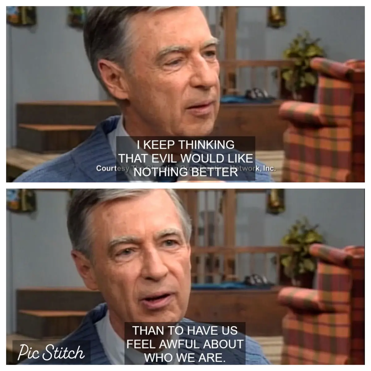 The image is a two-panel meme featuring the same man, likely a religious figure, in a studio setting. In the top panel, text…