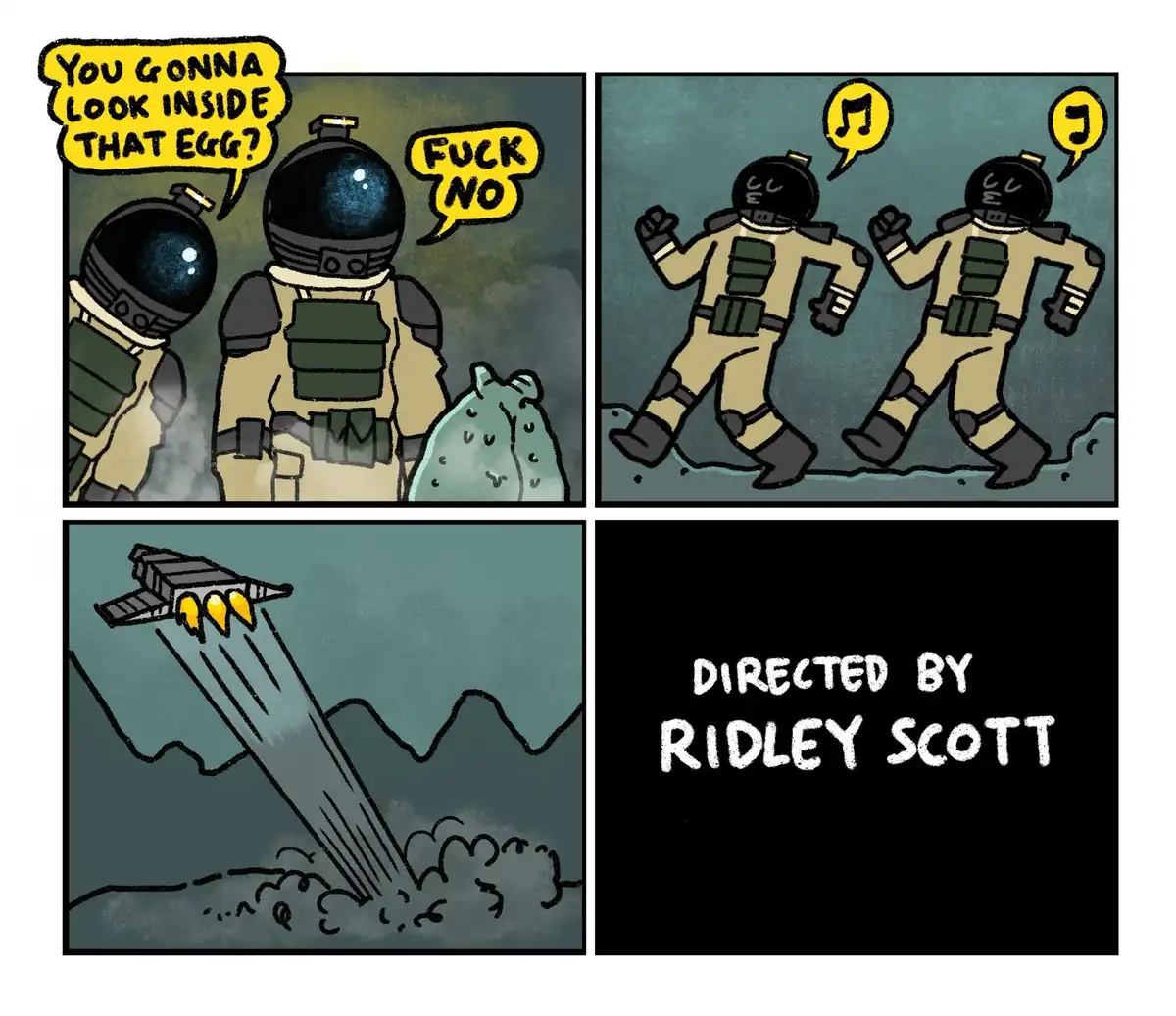 A four-panel comic strip shows two astronauts in space suits. In the first panel, one astronaut asks if they should look…