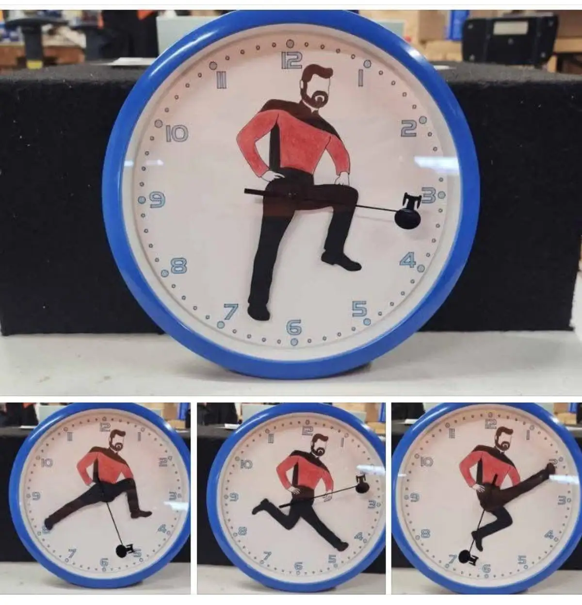 A clock with a man in a red shirt and black pants as its hour hand, shown in four panels. The top panel shows him standing…