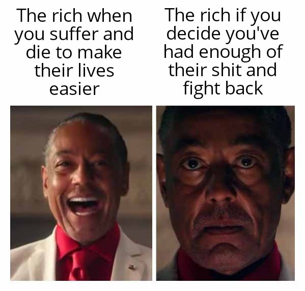 A split image shows actor Giancarlo Esposito as a smiling, confident man in a white suit and red tie on the left, and the…