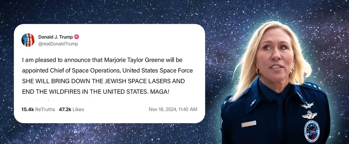 A digitally altered image shows Marjorie Taylor Greene in a United States Space Force uniform against a starry background…