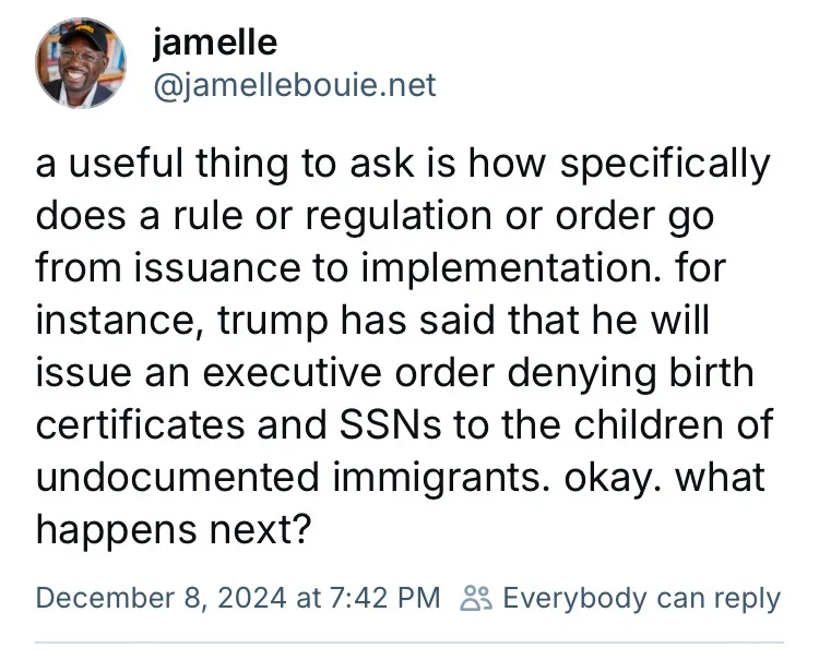 A screenshot of a tweet from user jamelle (@jamellebouie.net) dated December 8, 2024, showing a block of text discussing the…