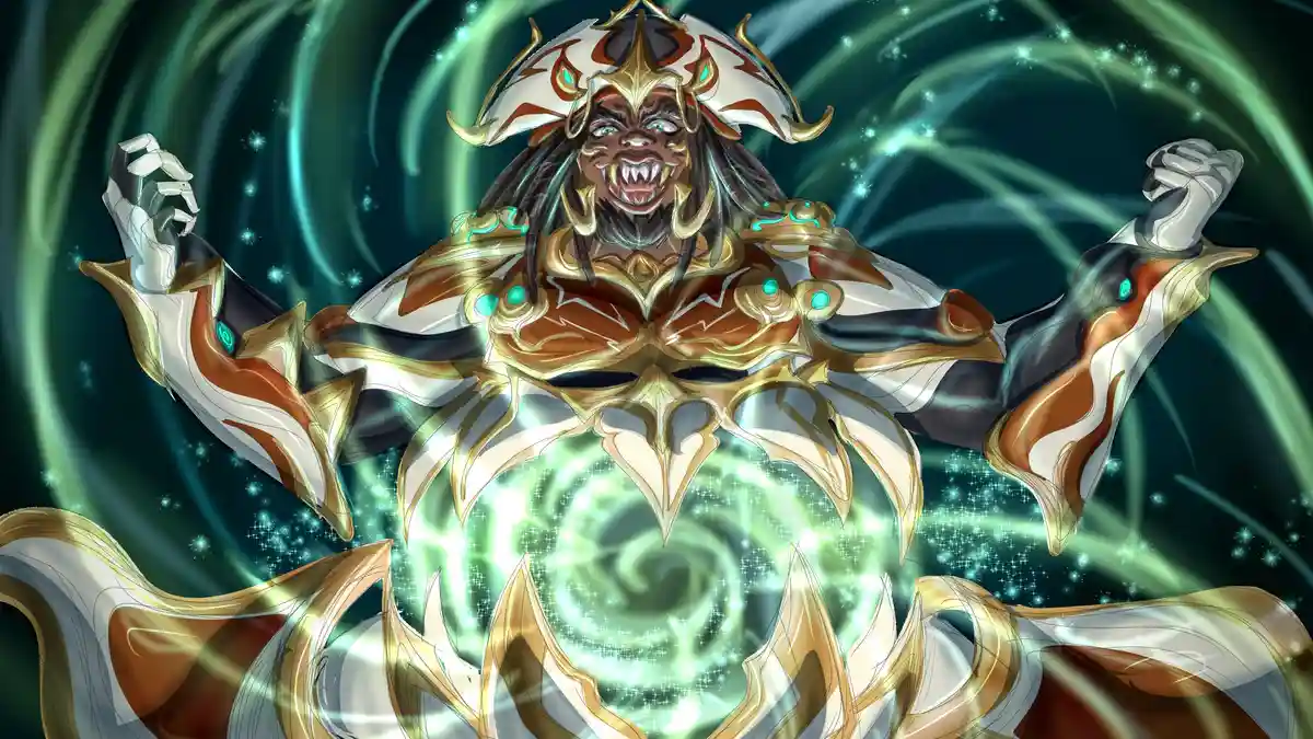 A menacing, muscular anime-style god with dark skin, sharp teeth, and glowing green eyes, wearing ornate golden and white…