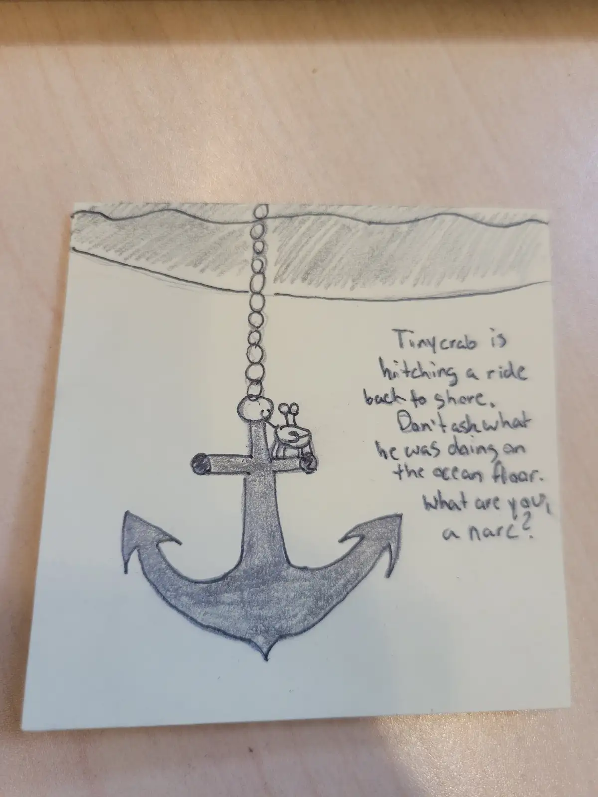 A hand-drawn sketch on paper shows a small crab clinging to a large anchor suspended by a chain underwater. The text next to…