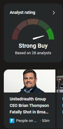 A screenshot of a financial app showing a 'Strong Buy' analyst rating for UnitedHealth Group, with a gauge indicating high…