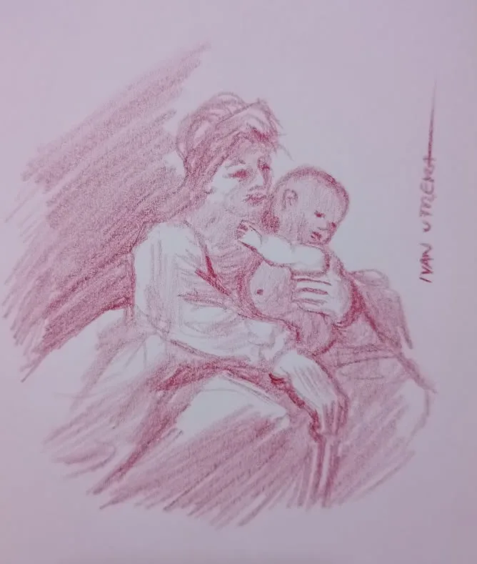 A red pencil sketch depicts a woman tenderly holding a baby, rendered in soft shading with visible strokes. The artist's…
