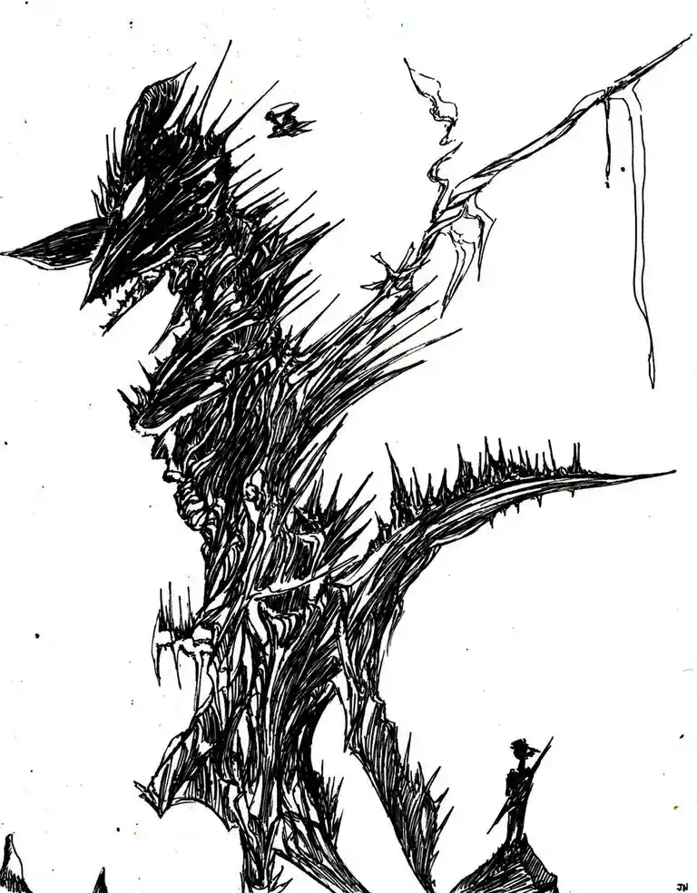 A black-and-white ink drawing depicts a monstrous, spiky, dragon-like creature towering over a tiny human figure holding a…