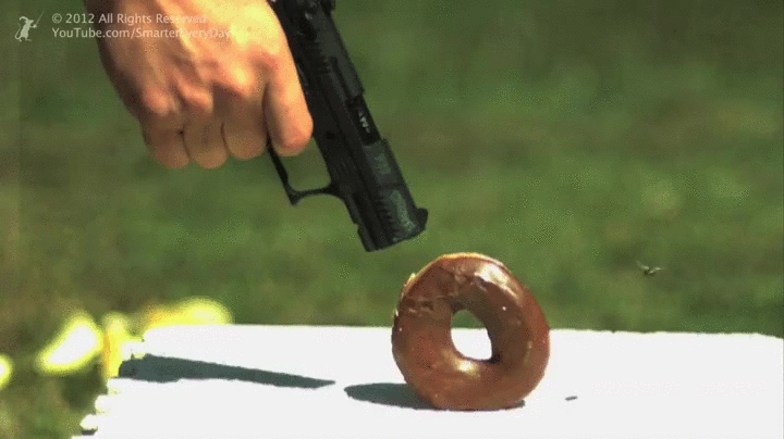 a sequence of six frames shows a hand holding a black handgun aimed at a glazed donut resting on a white surface. The donut…