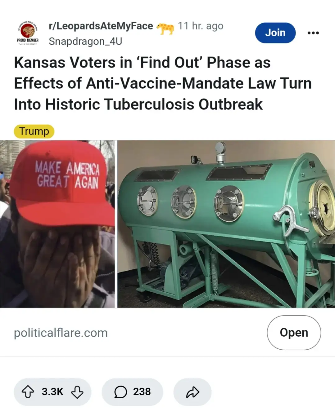 The image shows a split-screen: on the left, a person wearing a red 'Make America Great Again' cap covering their face with…