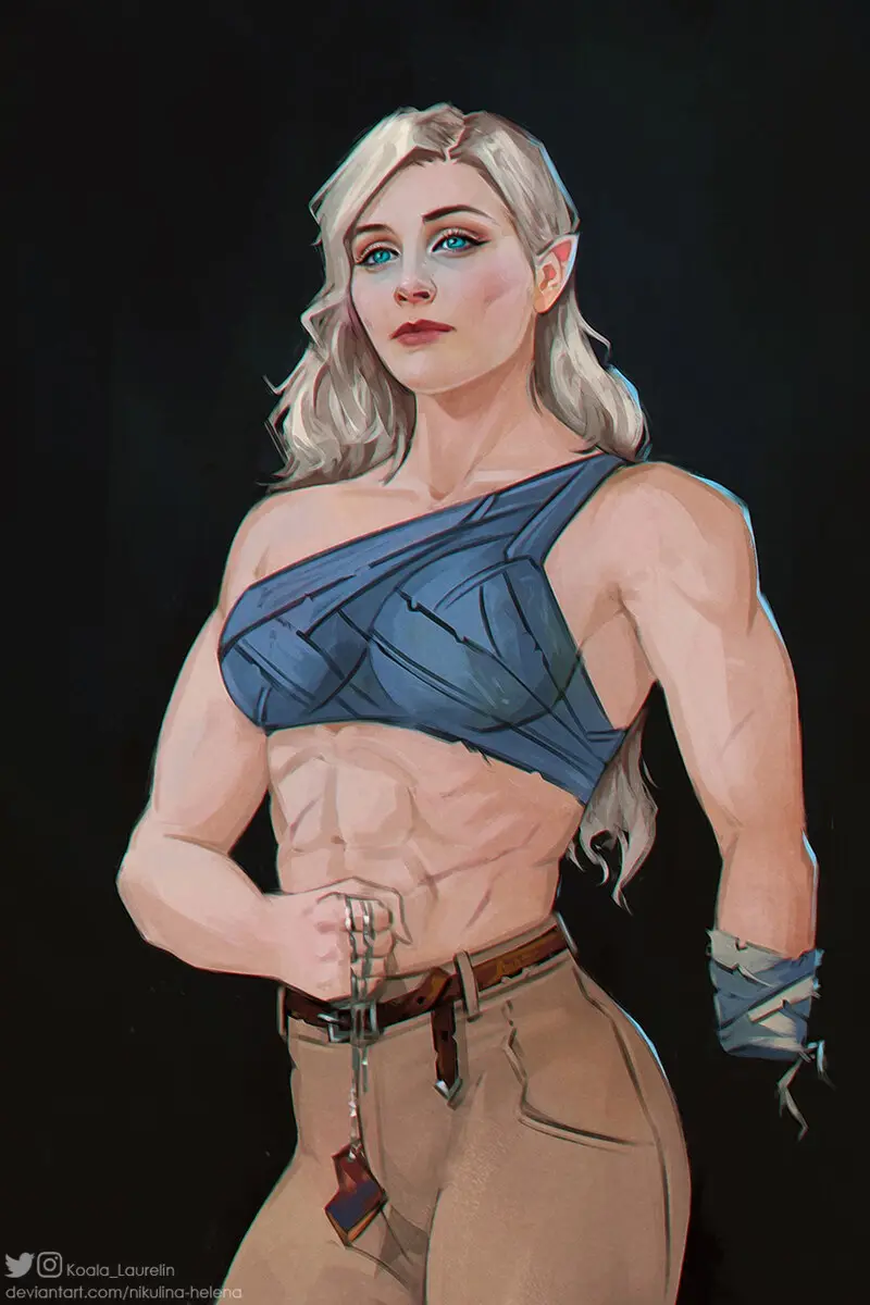 A digitally painted illustration of a muscular woman with blonde hair and pointed ears, wearing a blue one-shoulder top and…