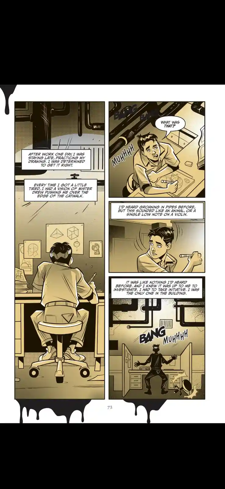 A comic strip panel shows a man drawing at his desk, then reacting to a strange noise. He imagines a vision of 'Mister Drew'…