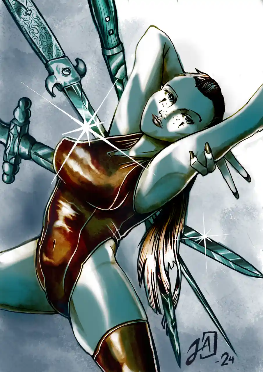 A stylized illustration shows a woman in a brown and white outfit, surrounded by several ornate swords embedded in her body…