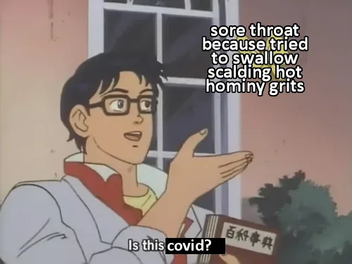 An anime character with glasses gestures while holding a book, with text overlaid explaining he has a sore throat from…
