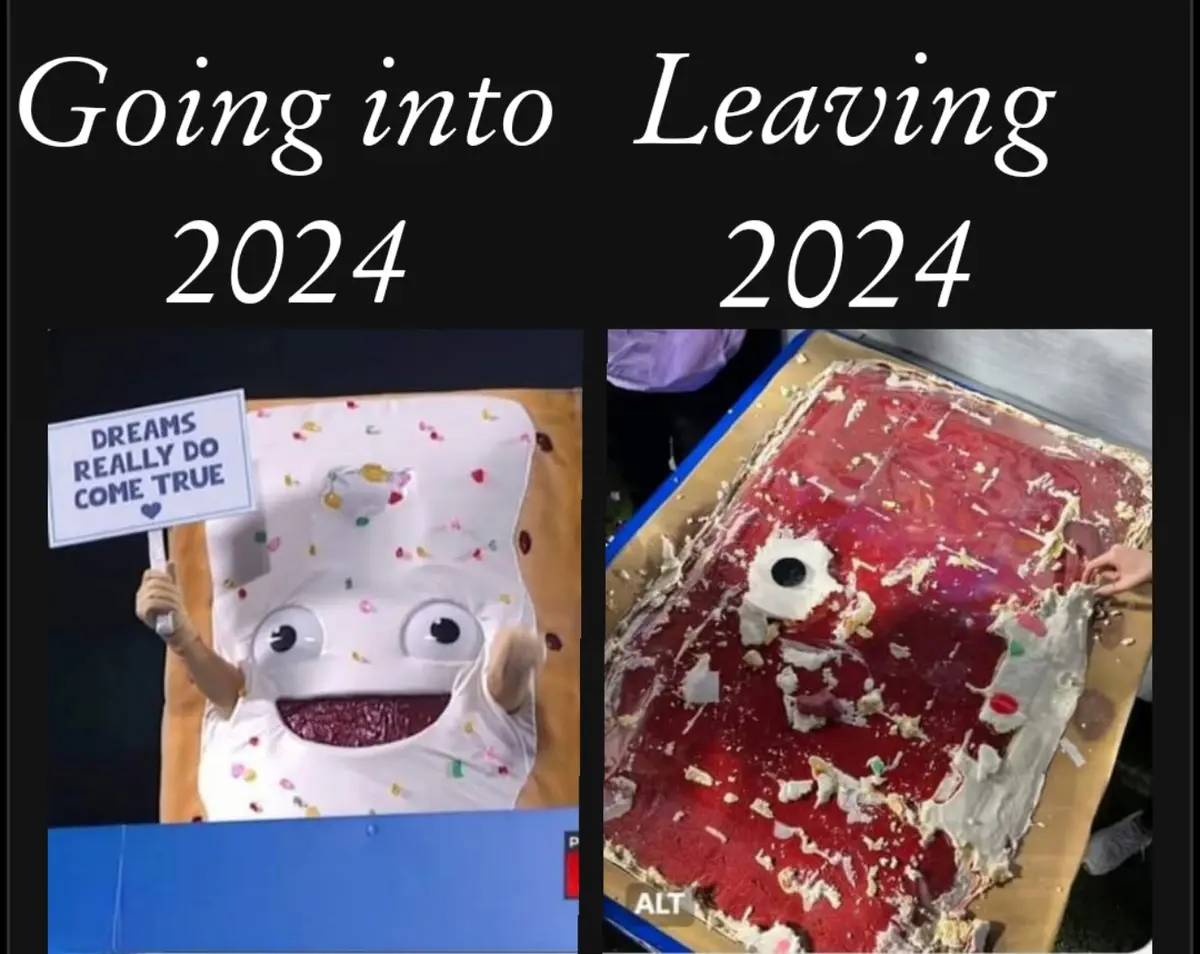 The image is split into two panels. The left panel shows a white, smiling, cartoonish cake mascot holding a sign that reads…