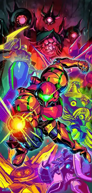 A vibrant, stylized illustration features Samus Aran in her iconic Power Suit, firing a weapon forward with glowing green…